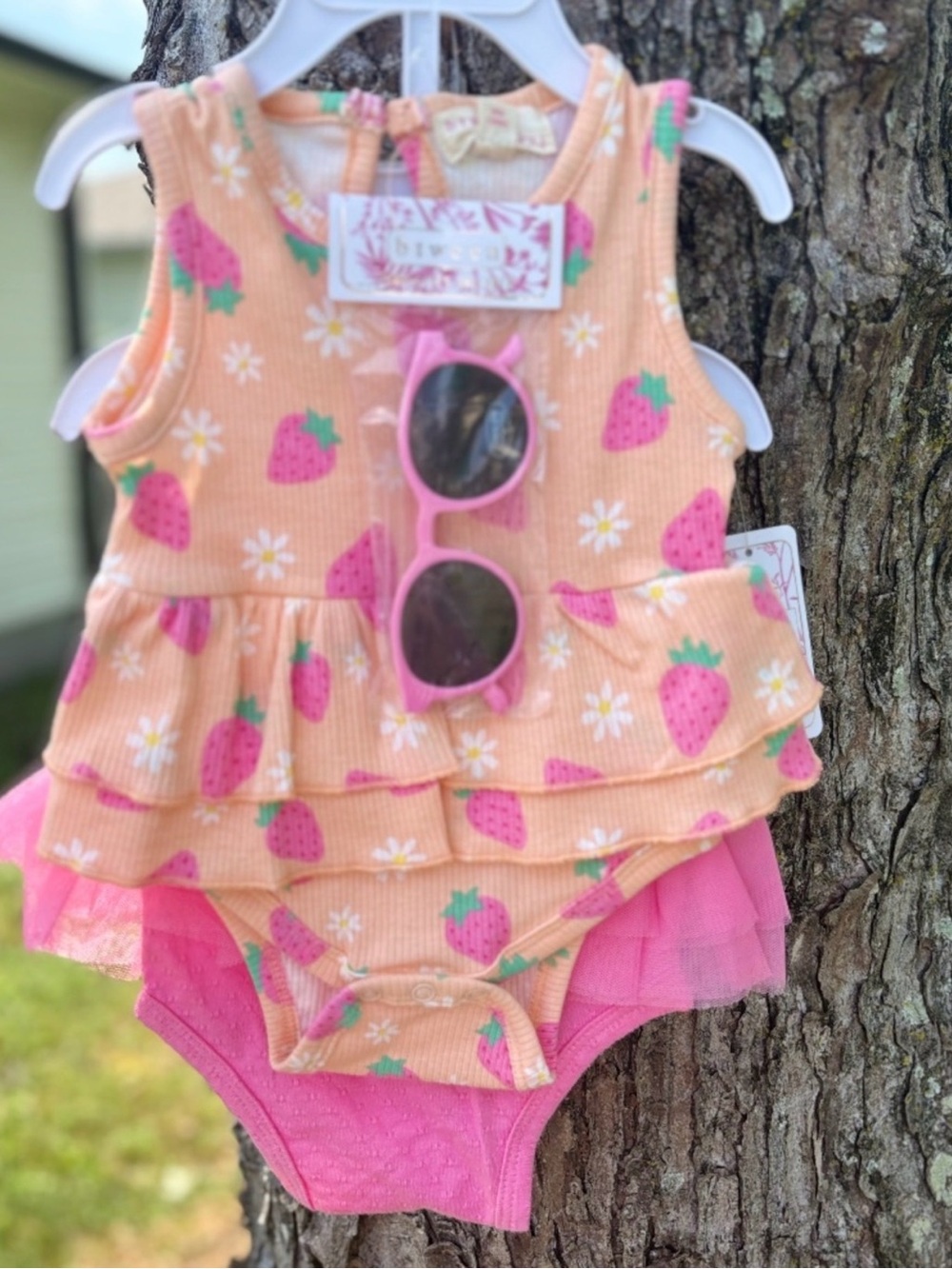 Peach Strawberry Ruffle Baby Romper and Pink Tulle Ruffle Baby Romper